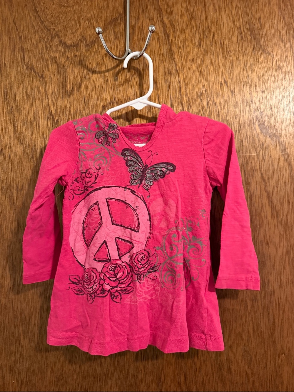 Arizona Jean Company Hot Pink Long Sleeve Tee with Peace Sign & Butterfly